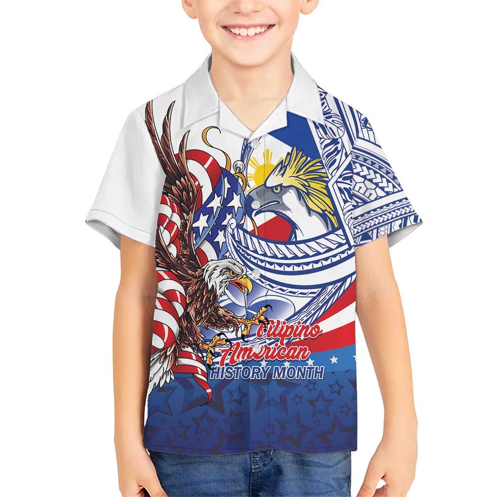 Filipino American History Month Family Matching Off Shoulder Maxi Dress and Hawaiian Shirt Philippines Agila USA Eagle Mix Flag LT14 Son's Shirt Blue - Polynesian Pride