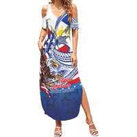 Filipino American History Month Family Matching Summer Maxi Dress and Hawaiian Shirt Philippines Agila USA Eagle Mix Flag LT14 Mom's Dress Blue - Polynesian Pride