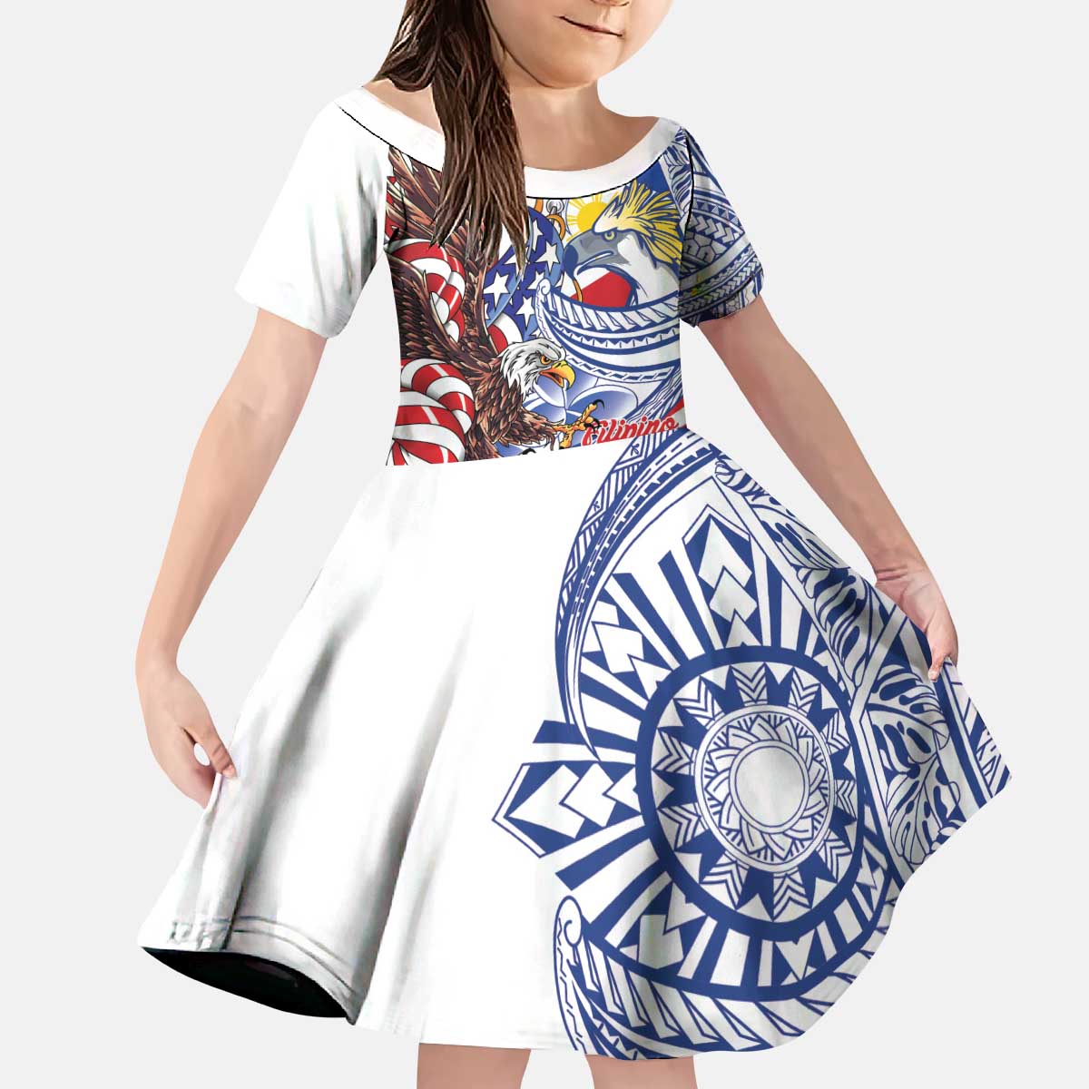 Filipino American History Month Kid Short Sleeve Dress Philippines Agila USA Eagle Mix Flag