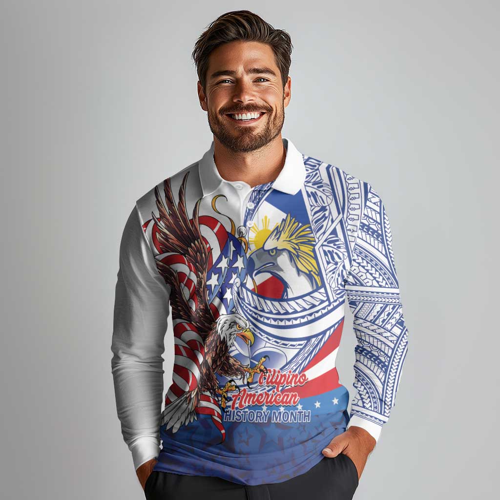 Filipino American History Month Long Sleeve Polo Shirt Philippines Agila USA Eagle Mix Flag