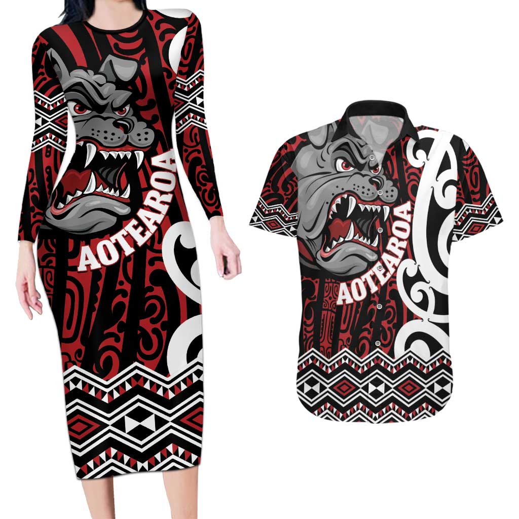 Personalised Aotearoa Bulldog Couples Matching Long Sleeve Bodycon Dress and Hawaiian Shirt New Zealand Maori Taniko Art LT14 Red - Polynesian Pride