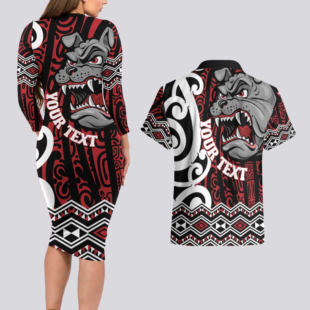 Personalised Aotearoa Bulldog Couples Matching Long Sleeve Bodycon Dress and Hawaiian Shirt New Zealand Maori Taniko Art LT14 - Polynesian Pride
