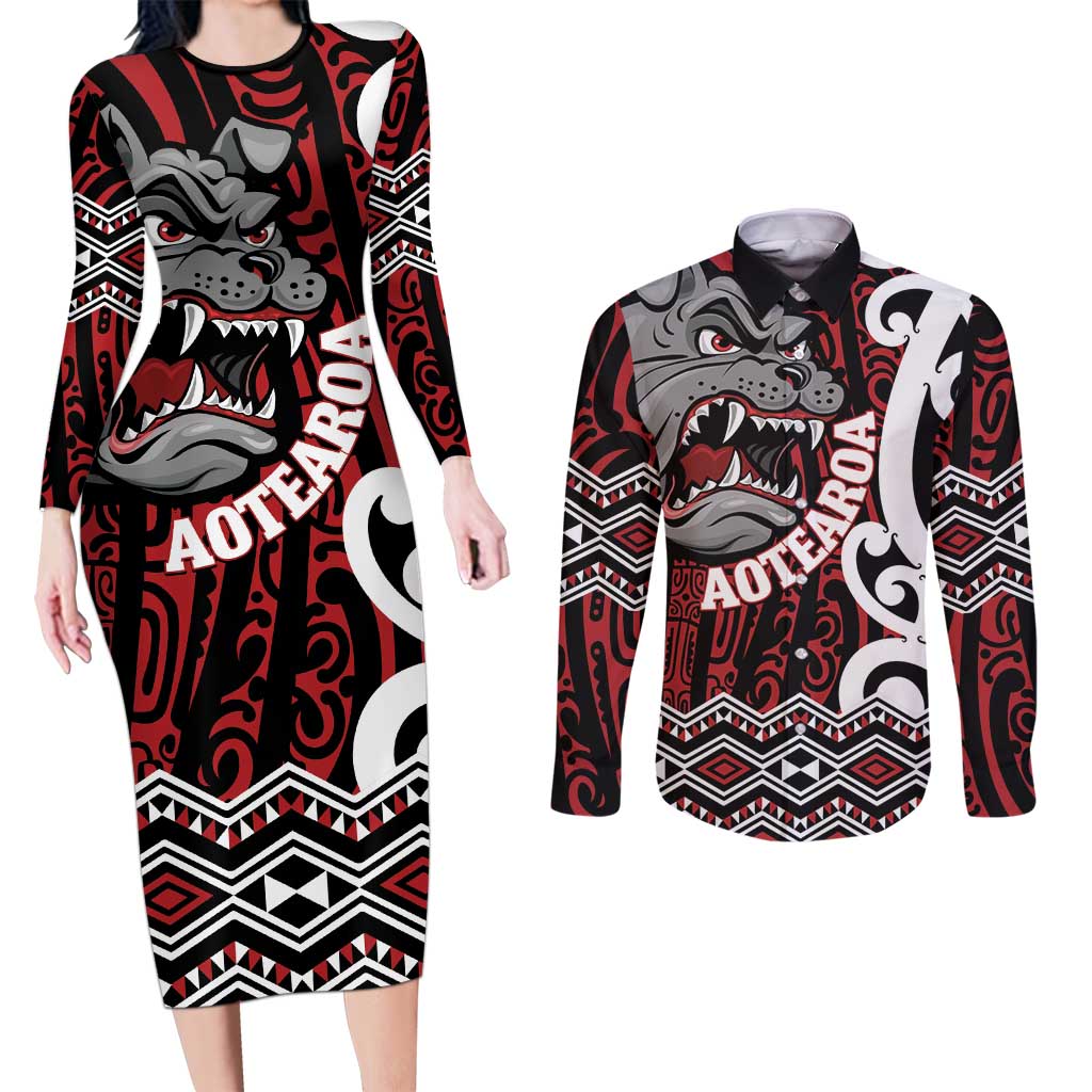 Personalised Aotearoa Bulldog Couples Matching Long Sleeve Bodycon Dress and Long Sleeve Button Shirt New Zealand Maori Taniko Art LT14 Red - Polynesian Pride