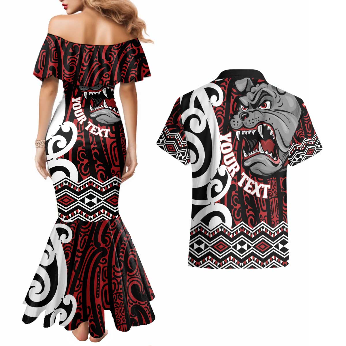 Personalised Aotearoa Bulldog Couples Matching Mermaid Dress and Hawaiian Shirt New Zealand Maori Taniko Art LT14 - Polynesian Pride