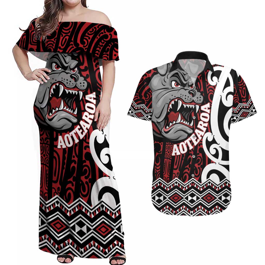 Personalised Aotearoa Bulldog Couples Matching Off Shoulder Maxi Dress and Hawaiian Shirt New Zealand Maori Taniko Art LT14 Red - Polynesian Pride