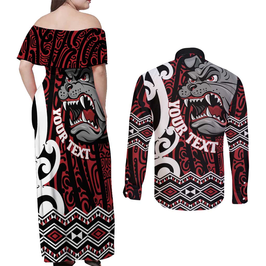 Personalised Aotearoa Bulldog Couples Matching Off Shoulder Maxi Dress and Long Sleeve Button Shirt New Zealand Maori Taniko Art LT14 - Polynesian Pride