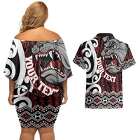 Personalised Aotearoa Bulldog Couples Matching Off Shoulder Short Dress and Hawaiian Shirt New Zealand Maori Taniko Art LT14 - Polynesian Pride