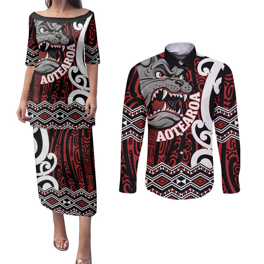 Personalised Aotearoa Bulldog Couples Matching Puletasi and Long Sleeve Button Shirt New Zealand Maori Taniko Art LT14 Red - Polynesian Pride