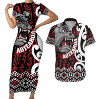 Personalised Aotearoa Bulldog Couples Matching Short Sleeve Bodycon Dress and Hawaiian Shirt New Zealand Maori Taniko Art LT14 Red - Polynesian Pride
