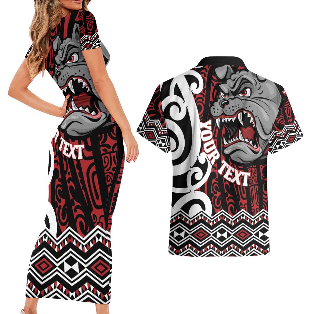 Personalised Aotearoa Bulldog Couples Matching Short Sleeve Bodycon Dress and Hawaiian Shirt New Zealand Maori Taniko Art LT14 - Polynesian Pride