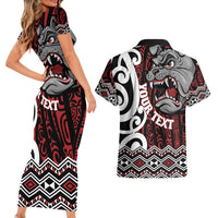 Personalised Aotearoa Bulldog Couples Matching Short Sleeve Bodycon Dress and Hawaiian Shirt New Zealand Maori Taniko Art LT14 - Polynesian Pride