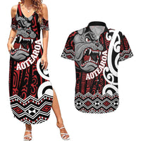 Personalised Aotearoa Bulldog Couples Matching Summer Maxi Dress and Hawaiian Shirt New Zealand Maori Taniko Art LT14 Red - Polynesian Pride