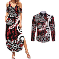 Personalised Aotearoa Bulldog Couples Matching Summer Maxi Dress and Long Sleeve Button Shirt New Zealand Maori Taniko Art LT14 Red - Polynesian Pride