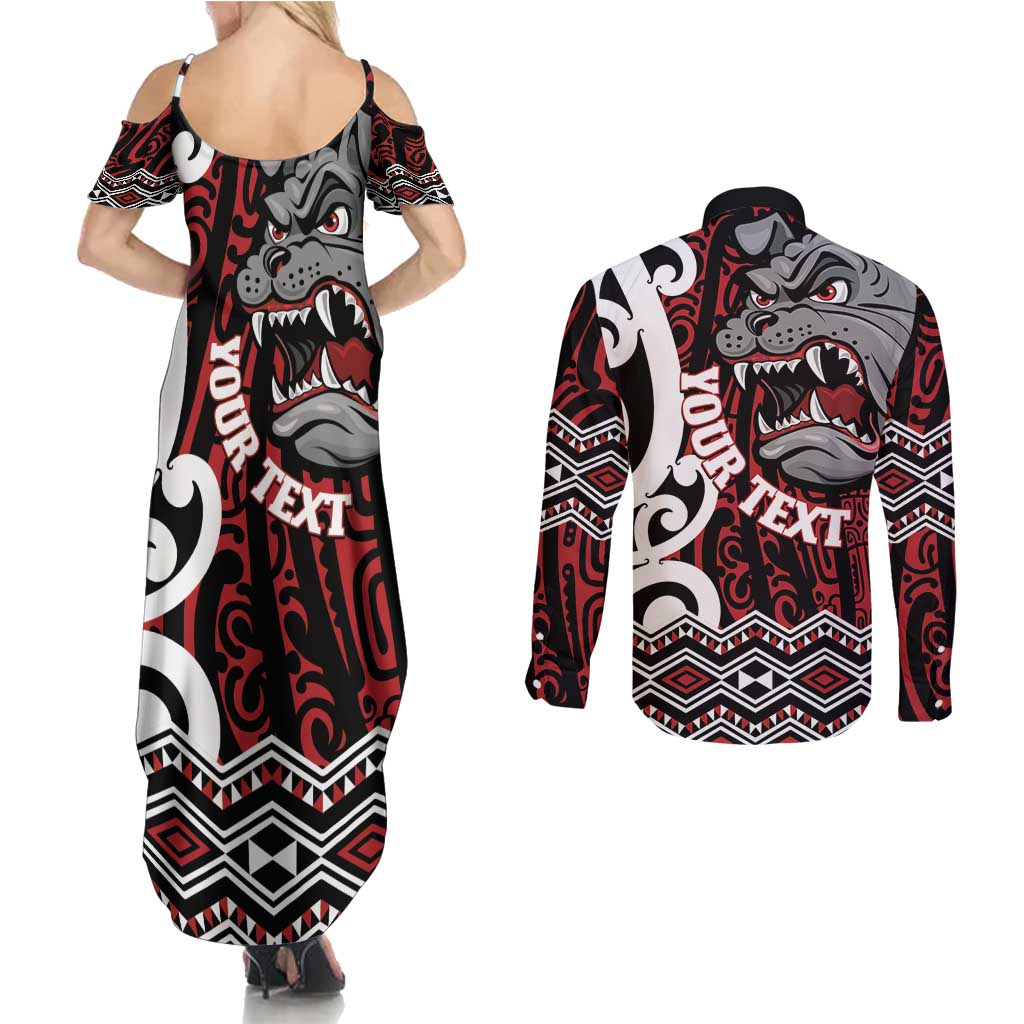Personalised Aotearoa Bulldog Couples Matching Summer Maxi Dress and Long Sleeve Button Shirt New Zealand Maori Taniko Art LT14 - Polynesian Pride