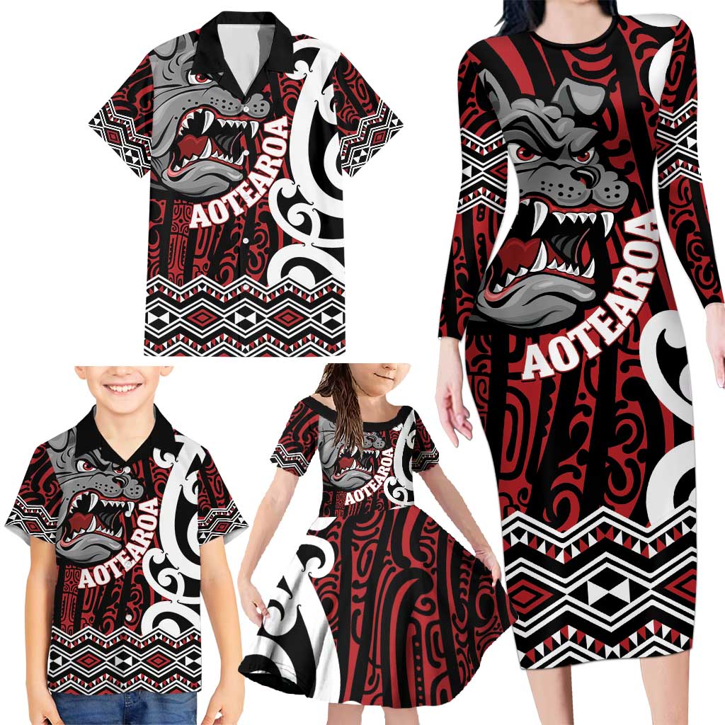 Personalised Aotearoa Bulldog Family Matching Long Sleeve Bodycon Dress and Hawaiian Shirt New Zealand Maori Taniko Art LT14 - Polynesian Pride