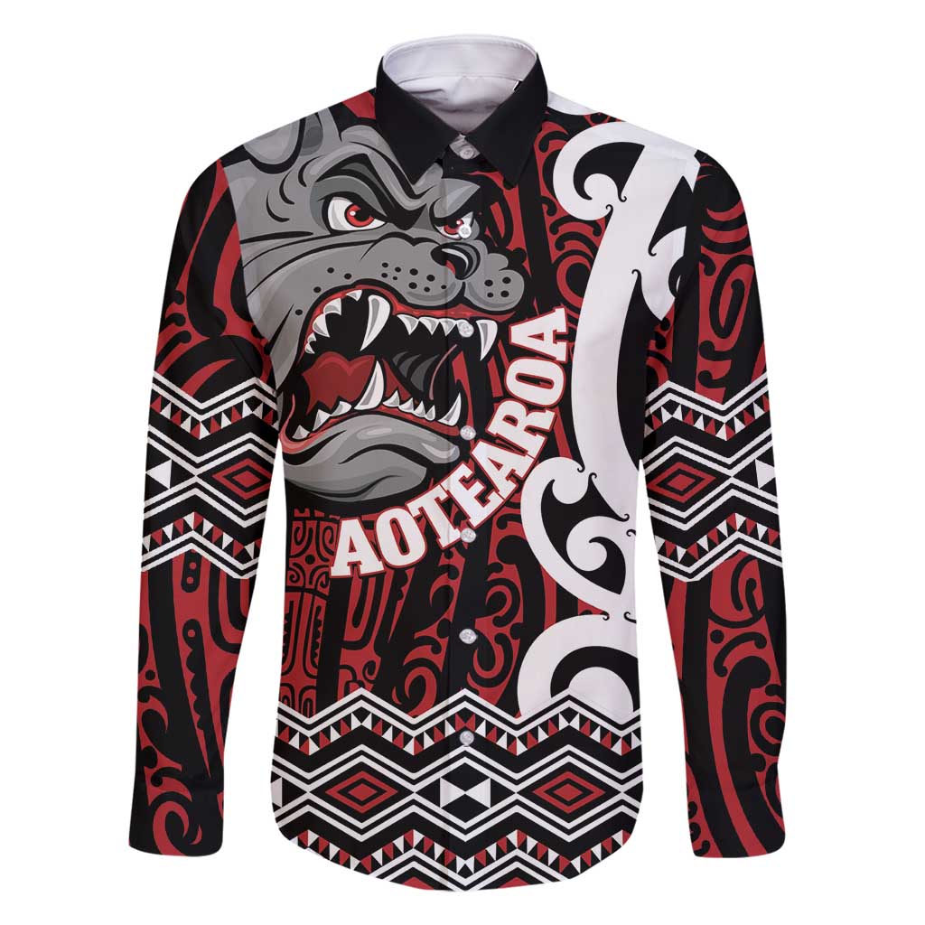Personalised Aotearoa Bulldog Family Matching Long Sleeve Bodycon Dress and Hawaiian Shirt New Zealand Maori Taniko Art LT14 Dad's Shirt - Long Sleeve Red - Polynesian Pride