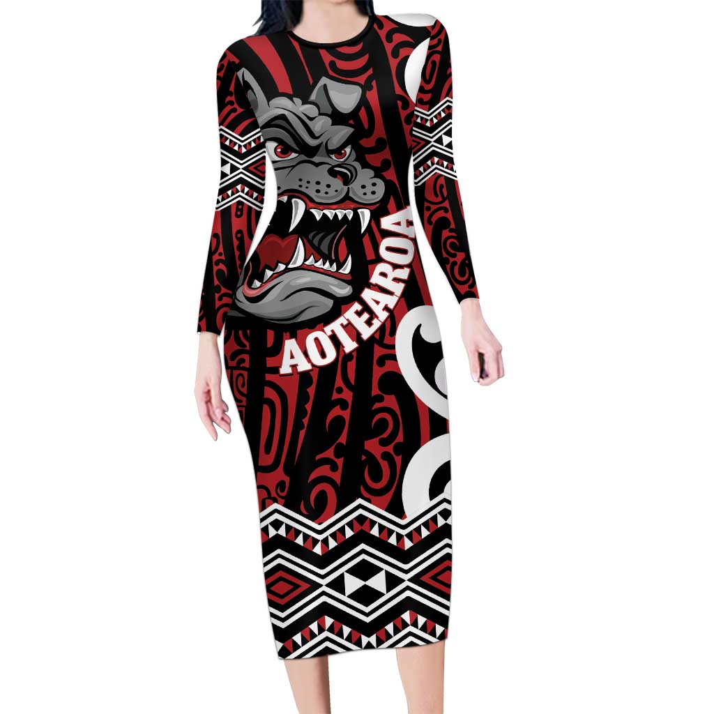 Personalised Aotearoa Bulldog Family Matching Long Sleeve Bodycon Dress and Hawaiian Shirt New Zealand Maori Taniko Art LT14 Mom's Dress Red - Polynesian Pride