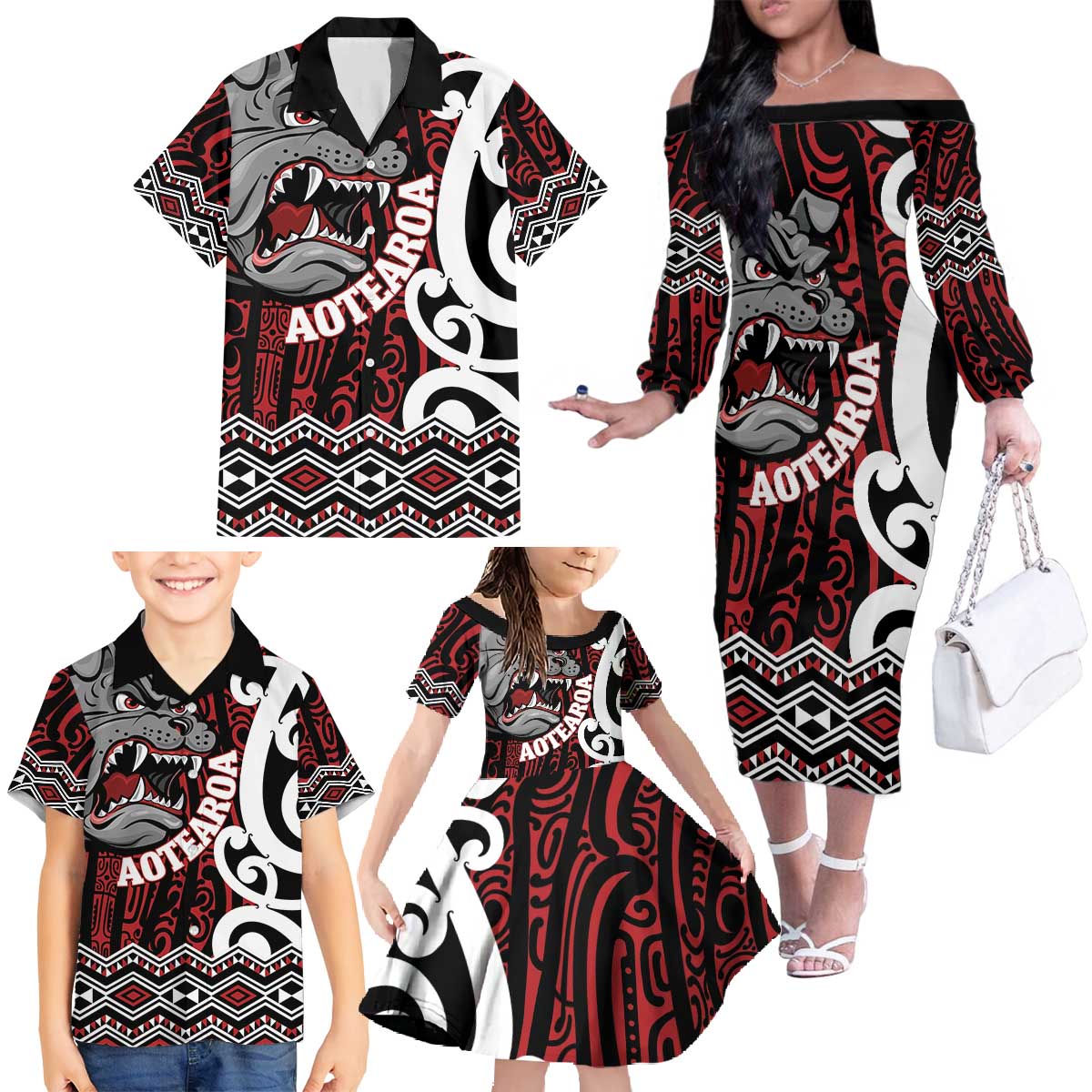 Personalised Aotearoa Bulldog Family Matching Off The Shoulder Long Sleeve Dress and Hawaiian Shirt New Zealand Maori Taniko Art LT14 - Polynesian Pride