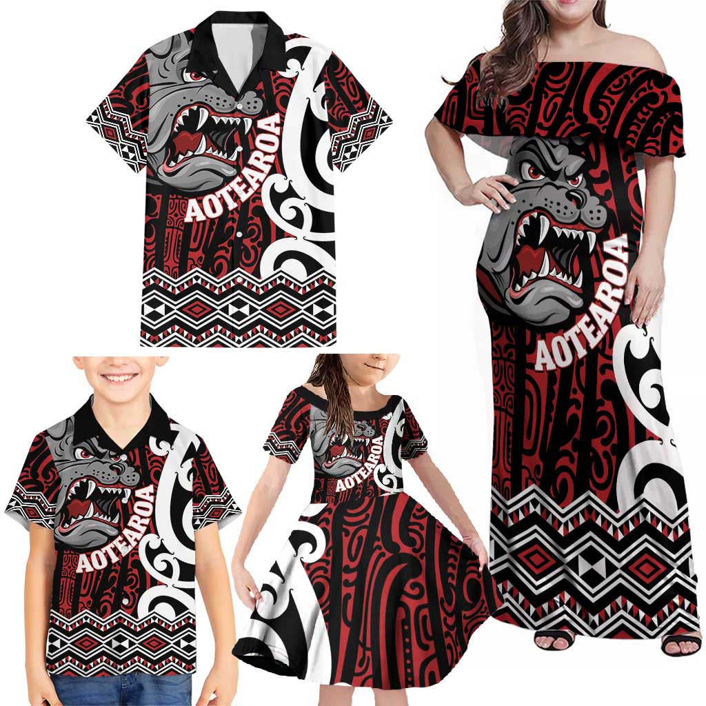 Personalised Aotearoa Bulldog Family Matching Off Shoulder Maxi Dress and Hawaiian Shirt New Zealand Maori Taniko Art LT14 - Polynesian Pride