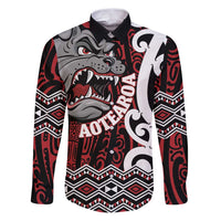 Personalised Aotearoa Bulldog Family Matching Puletasi and Hawaiian Shirt New Zealand Maori Taniko Art LT14 Dad's Shirt - Long Sleeve Red - Polynesian Pride