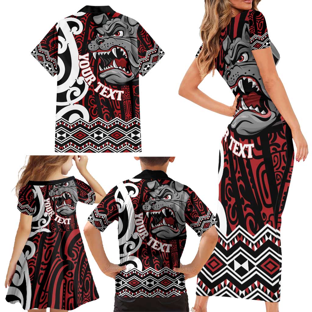 Personalised Aotearoa Bulldog Family Matching Short Sleeve Bodycon Dress and Hawaiian Shirt New Zealand Maori Taniko Art LT14 - Polynesian Pride