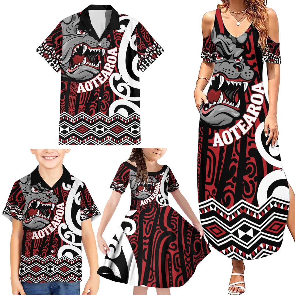 Personalised Aotearoa Bulldog Family Matching Summer Maxi Dress and Hawaiian Shirt New Zealand Maori Taniko Art LT14 - Polynesian Pride
