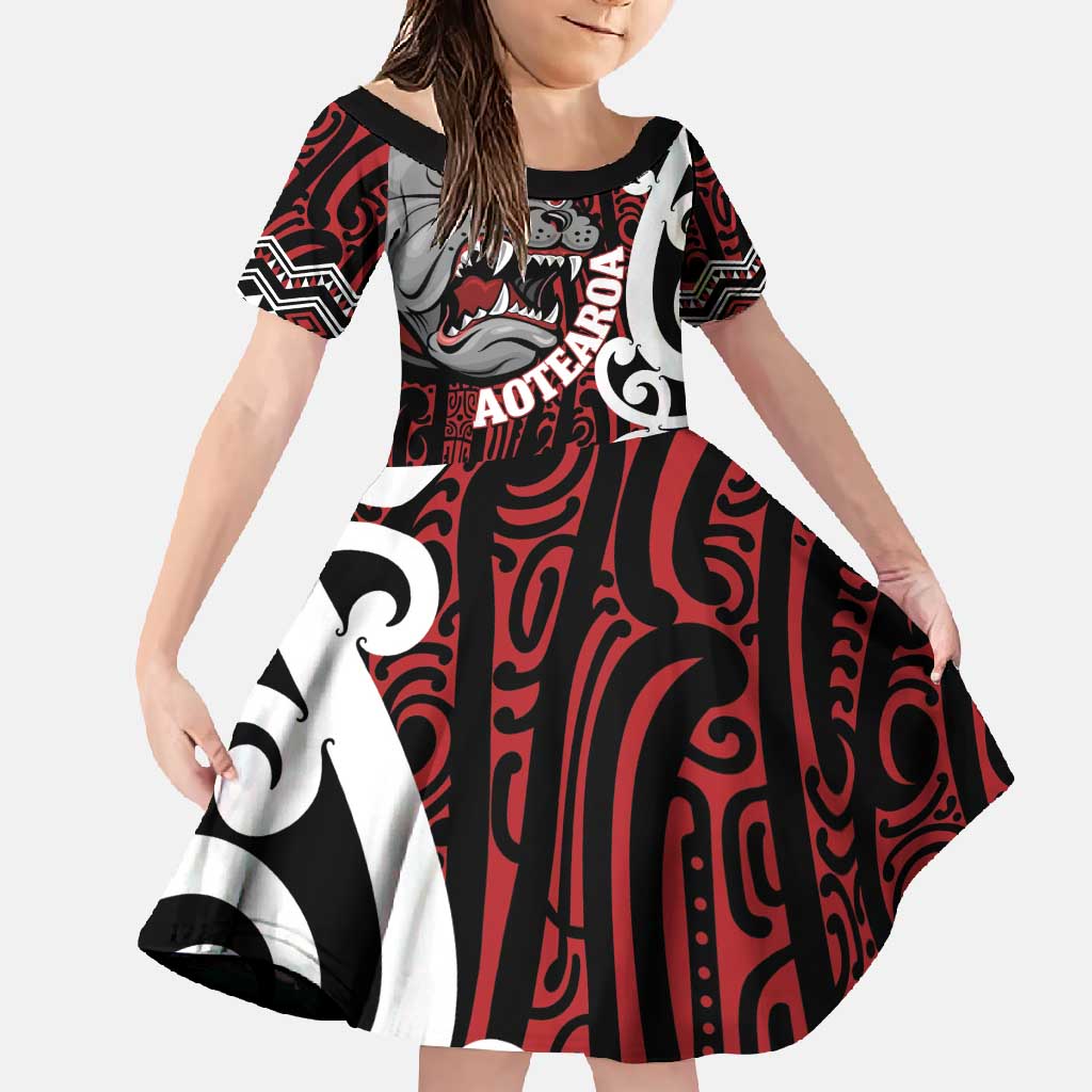 Personalised Aotearoa Bulldog Family Matching Tank Maxi Dress and Hawaiian Shirt New Zealand Maori Taniko Art LT14 Daughter's Dress Red - Polynesian Pride