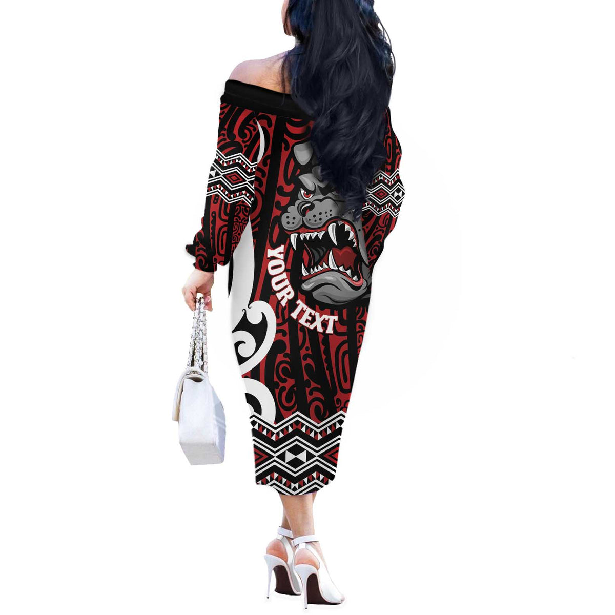 Personalised Aotearoa Bulldog Off The Shoulder Long Sleeve Dress New Zealand Maori Taniko Art LT14 - Polynesian Pride
