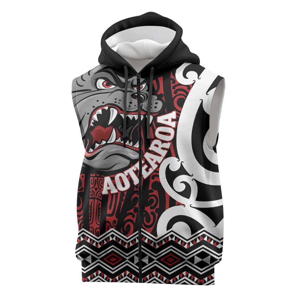 Personalised Aotearoa Bulldog Sleeveless Zip Hoodie New Zealand Maori Taniko Art LT14 Red - Polynesian Pride