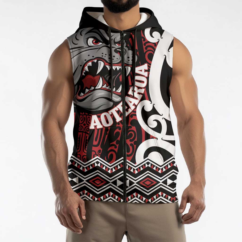 Personalised Aotearoa Bulldog Sleeveless Zip Hoodie New Zealand Maori Taniko Art LT14 - Polynesian Pride