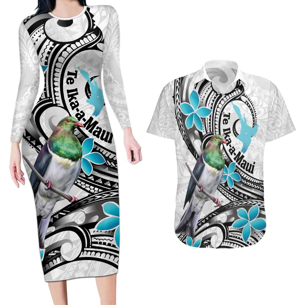 Aotearoa Te Ika-a-Maui Couples Matching Long Sleeve Bodycon Dress and Hawaiian Shirt South Island Kekeru Maori Koru LT14 White - Polynesian Pride