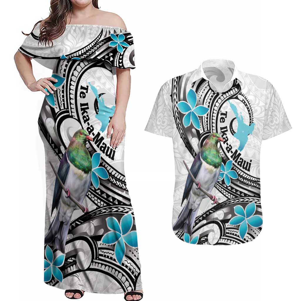 Aotearoa Te Ika-a-Maui Couples Matching Off Shoulder Maxi Dress and Hawaiian Shirt South Island Kekeru Maori Koru LT14 White - Polynesian Pride