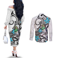 Aotearoa Te Ika-a-Maui Couples Matching Off The Shoulder Long Sleeve Dress and Long Sleeve Button Shirt South Island Kekeru Maori Koru LT14 - Polynesian Pride