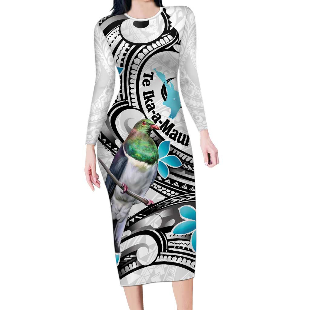 Aotearoa Te Ika-a-Maui Family Matching Long Sleeve Bodycon Dress and Hawaiian Shirt South Island Kekeru Maori Koru LT14 Mom's Dress White - Polynesian Pride