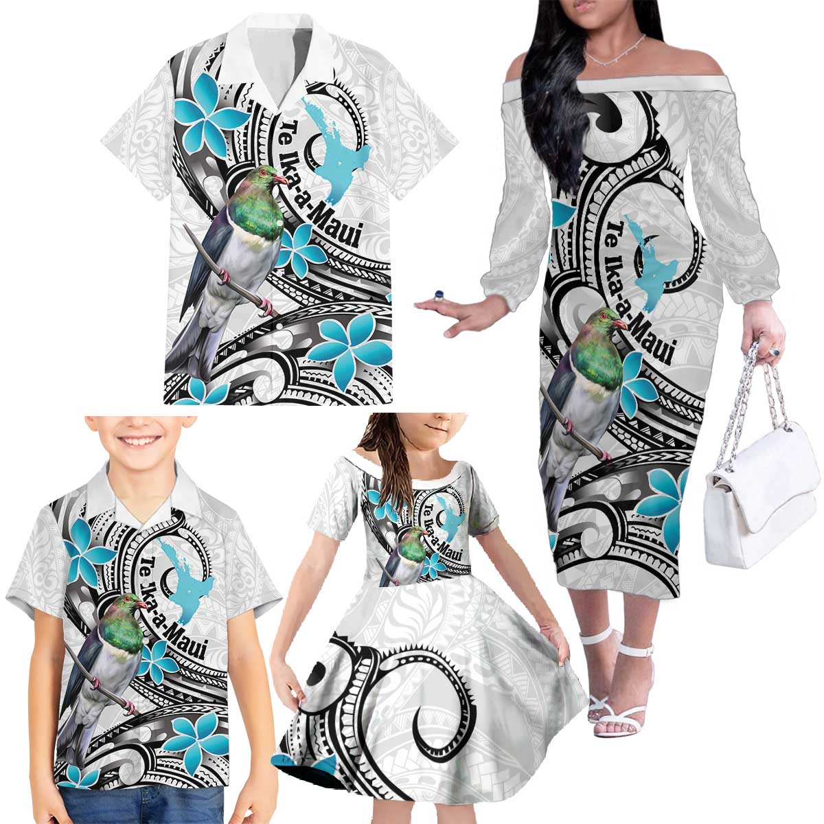 Aotearoa Te Ika-a-Maui Family Matching Off The Shoulder Long Sleeve Dress and Hawaiian Shirt South Island Kekeru Maori Koru LT14 - Polynesian Pride