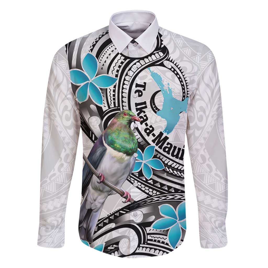 Aotearoa Te Ika-a-Maui Family Matching Off Shoulder Maxi Dress and Hawaiian Shirt South Island Kekeru Maori Koru LT14 Dad's Shirt - Long Sleeve White - Polynesian Pride
