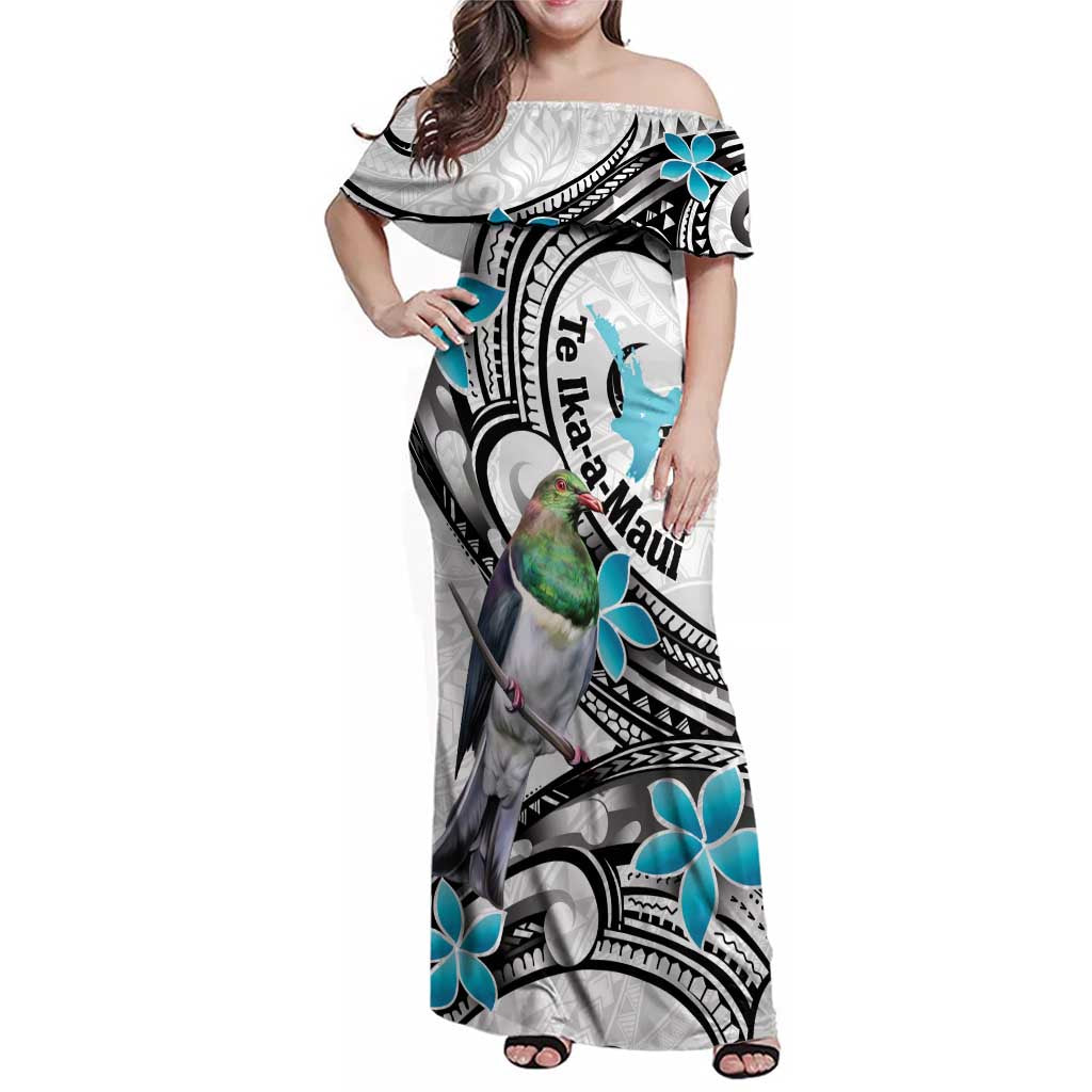 Aotearoa Te Ika-a-Maui Family Matching Off Shoulder Maxi Dress and Hawaiian Shirt South Island Kekeru Maori Koru LT14 Mom's Dress White - Polynesian Pride