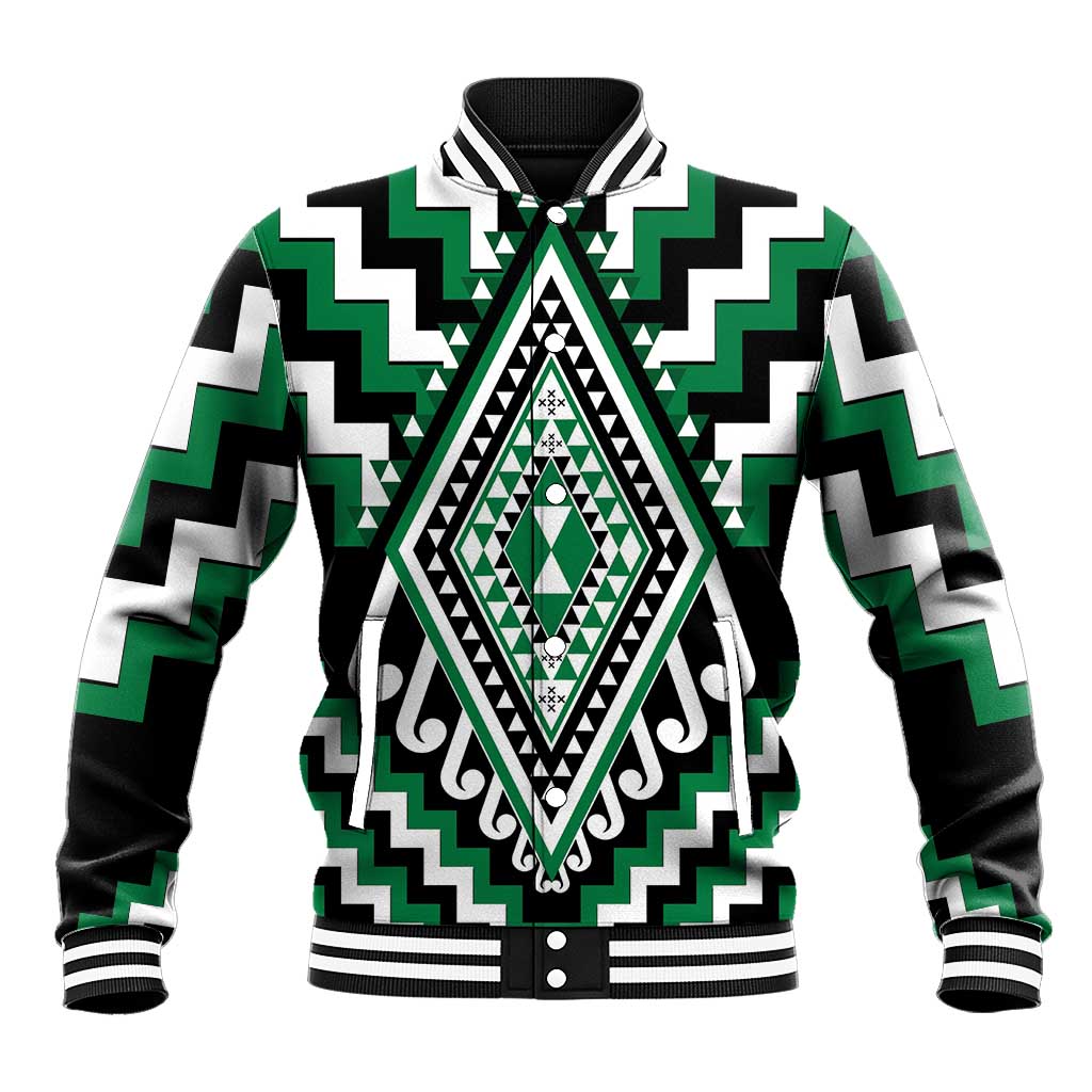 Green Aotearoa Taniko Poutama Patikitiki Baseball Jacket