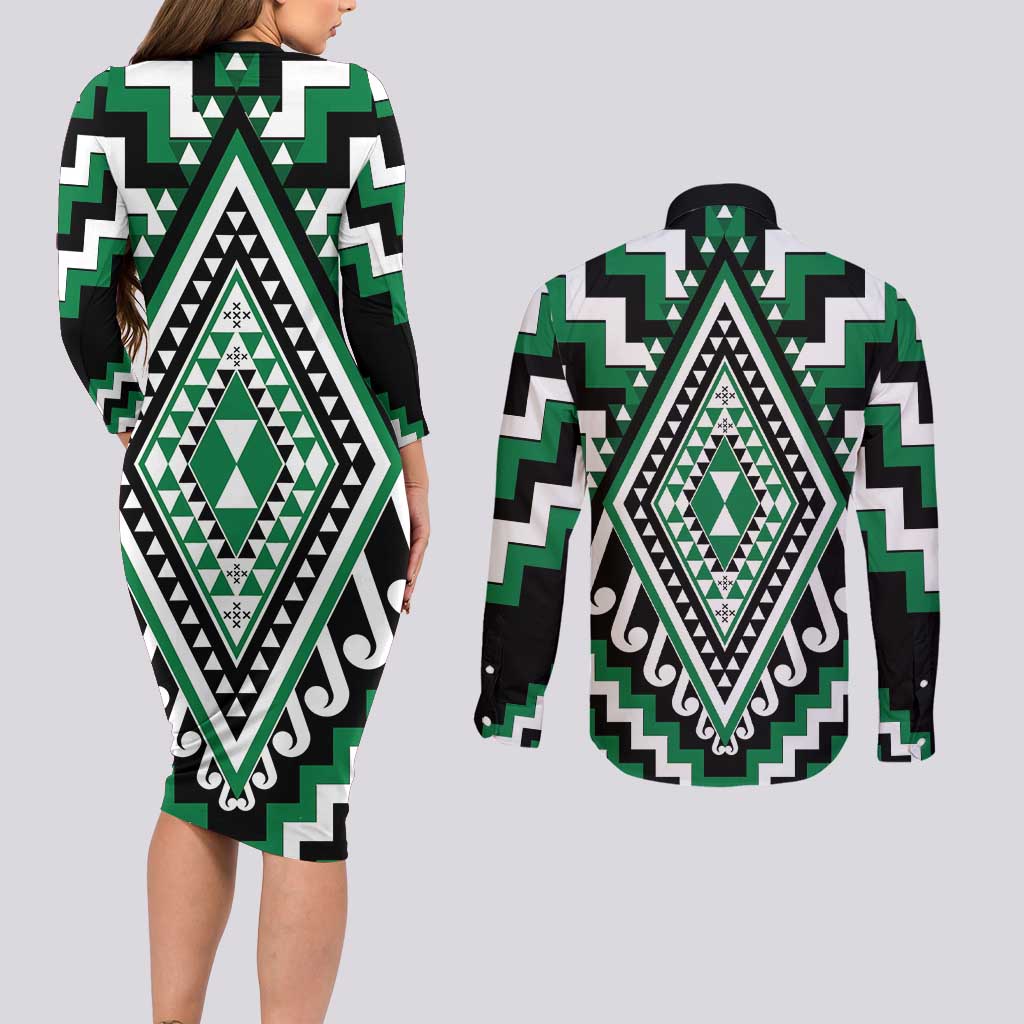 Green Aotearoa Taniko Poutama Patikitiki Couples Matching Long Sleeve Bodycon Dress and Long Sleeve Button Shirt