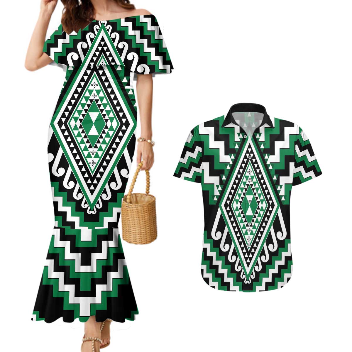 Green Aotearoa Taniko Poutama Patikitiki Couples Matching Mermaid Dress and Hawaiian Shirt