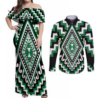 Green Aotearoa Taniko Poutama Patikitiki Couples Matching Off Shoulder Maxi Dress and Long Sleeve Button Shirt