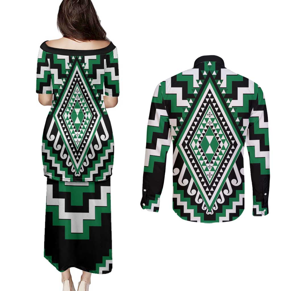 Green Aotearoa Taniko Poutama Patikitiki Couples Matching Puletasi and Long Sleeve Button Shirt