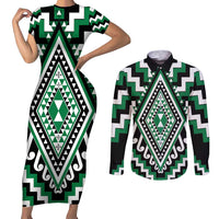 Green Aotearoa Taniko Poutama Patikitiki Couples Matching Short Sleeve Bodycon Dress and Long Sleeve Button Shirt