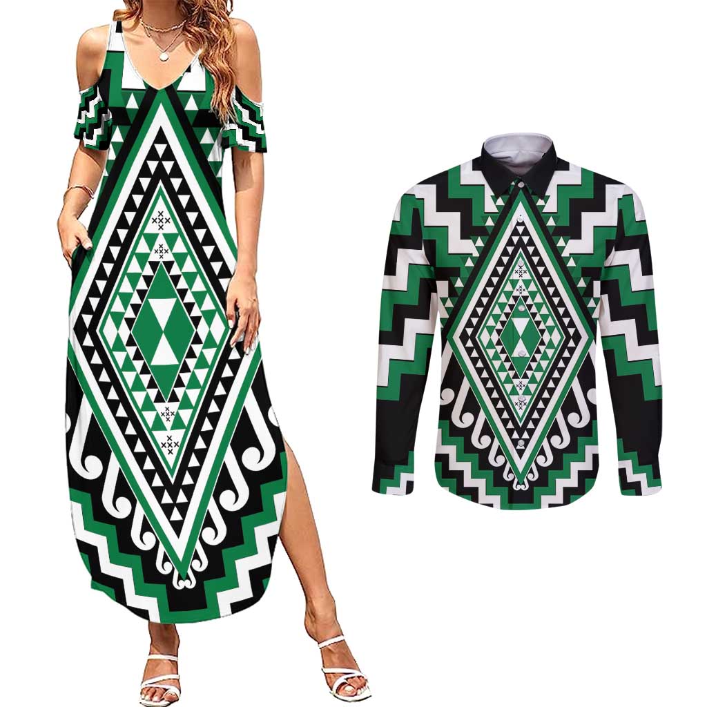 Green Aotearoa Taniko Poutama Patikitiki Couples Matching Summer Maxi Dress and Long Sleeve Button Shirt