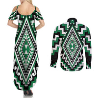 Green Aotearoa Taniko Poutama Patikitiki Couples Matching Summer Maxi Dress and Long Sleeve Button Shirt