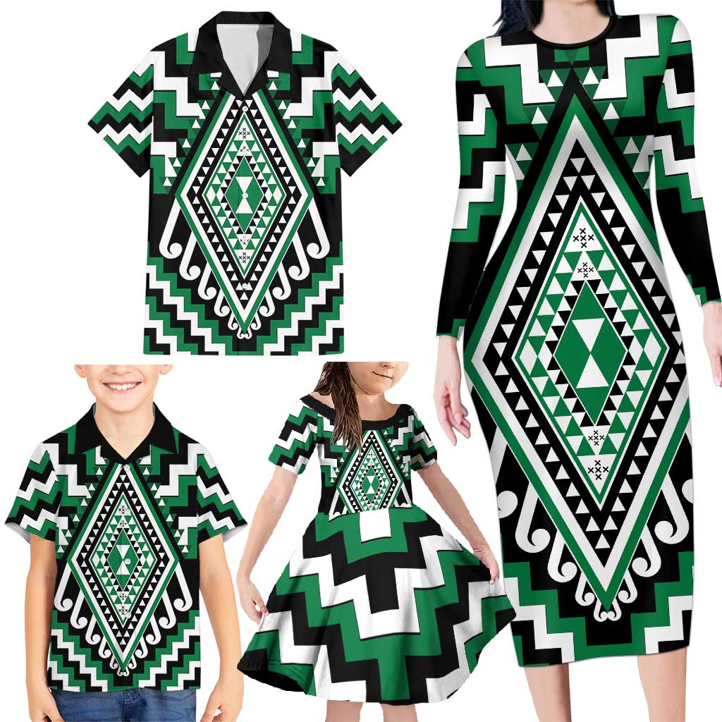 Green Aotearoa Taniko Poutama Patikitiki Family Matching Long Sleeve Bodycon Dress and Hawaiian Shirt LT14 - Polynesian Pride