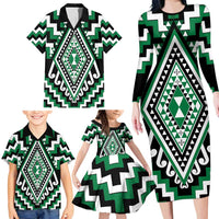 Green Aotearoa Taniko Poutama Patikitiki Family Matching Long Sleeve Bodycon Dress and Hawaiian Shirt LT14 - Polynesian Pride