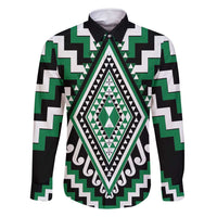 Green Aotearoa Taniko Poutama Patikitiki Family Matching Long Sleeve Bodycon Dress and Hawaiian Shirt LT14 Dad's Shirt - Long Sleeve Green - Polynesian Pride