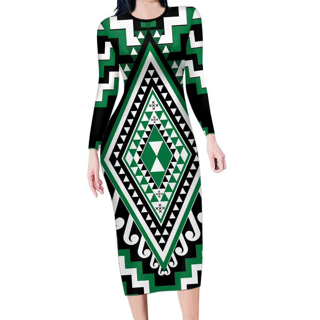 Green Aotearoa Taniko Poutama Patikitiki Family Matching Long Sleeve Bodycon Dress and Hawaiian Shirt LT14 Mom's Dress Green - Polynesian Pride