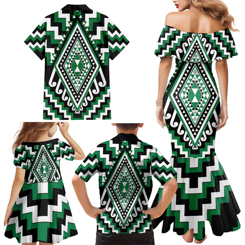Green Aotearoa Taniko Poutama Patikitiki Family Matching Mermaid Dress and Hawaiian Shirt LT14 - Polynesian Pride